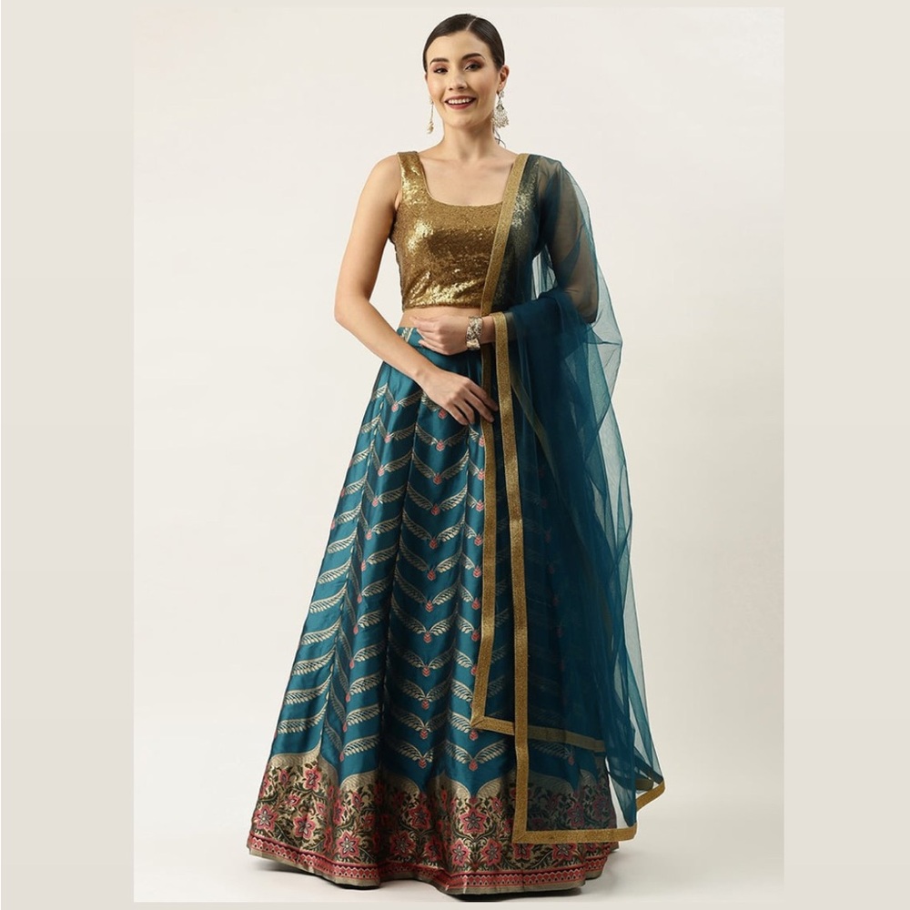 Brown N Blue Jacquard Kali Lehenga Choli Set Wedding Wear